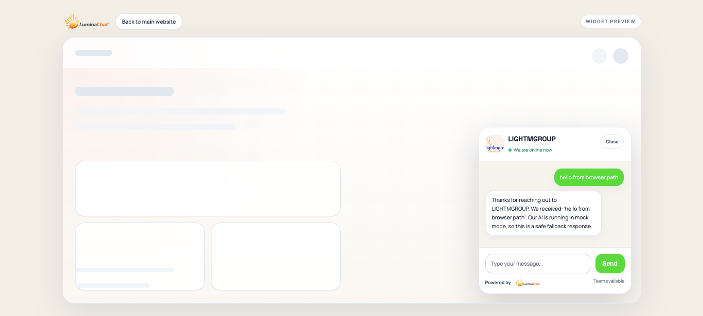 Website widget preview showing a live support conversation embedded on a page.